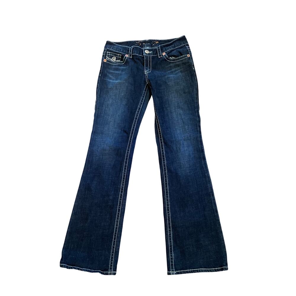 Seven7 Bootcut Jeans Low Rise Whiskering Denim Dark Wash Blue Womens Size 31